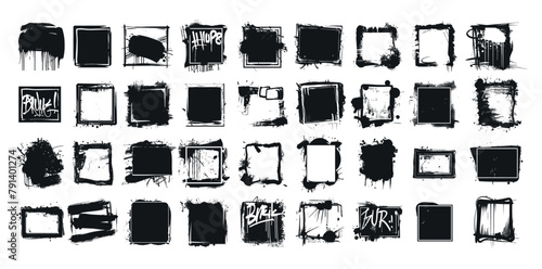 Graffiti frames grunge vector set. Blots tags stamps urban street spray squares splashes icons isolated on white background