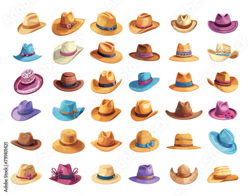Hats cartoon vector set. Men woman panama derby straw cowboy beach modern vintage clothes accessories illustrations isolated on white background