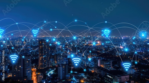 Wireless network and connection technology concept with a city backdrop at night ,Rounded abstract cityscape network connection, internet and global connection concept. 