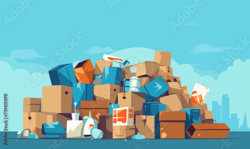A pile of boxes and other items are stacked on top of each other