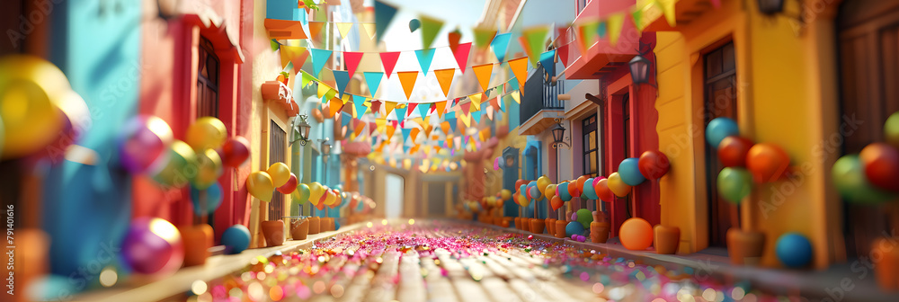 A Vibrant Street Scene Filled With Colorful Decorations, Colorful Festivities