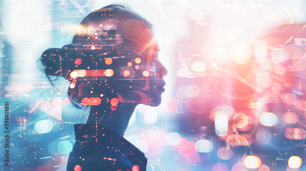 Tech girl, double exposure with high tech and digital abstract elements Tech girl, double exposure with high tech and digital abstract elements