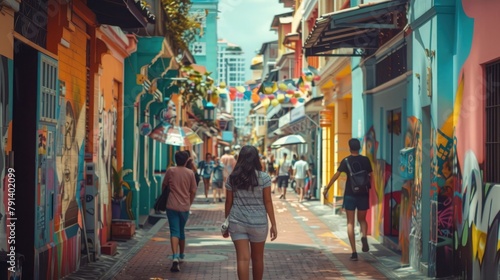 A vibrant street scene alive with the rhythmic beat of music and the joyful laughter of locals, its colorful facades adorned with intricate murals and graffiti art,