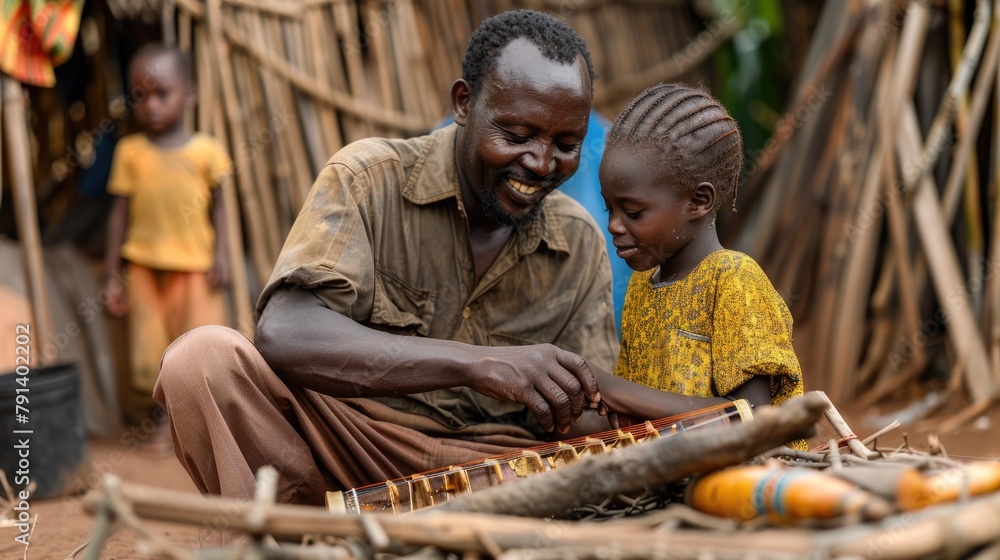 African Grandfather Teaching Music to Grandchild in Village. World Refugee Day