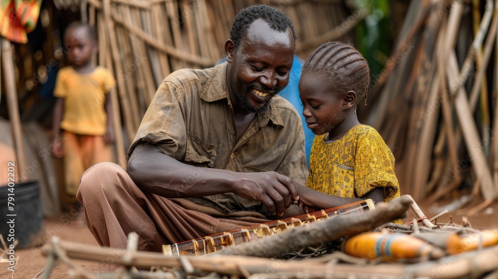 African Grandfather Teaching Music to Grandchild in Village. World Refugee Day African Grandfather Teaching Music to Grandchild in Village. World Refugee Day