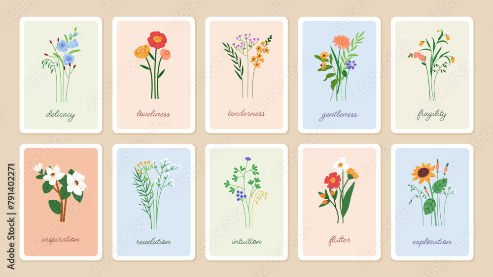 Obraz premium Floral card backgrounds set. Delicate spring flowers. summer wildflowers. Botanical framed poster design. Gentle blooms, blossomed flora, vertical postcards. Modern natural flat vector illustration