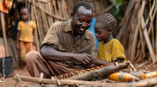 African Grandfather Teaching Music to Grandchild in Village. World Refugee Day
