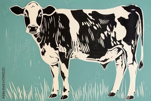simple black and white linocut of cow, blue retro banner, happy milk day