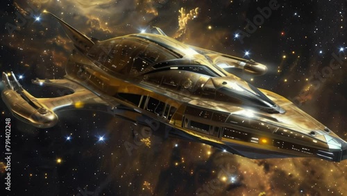 Wallpaper Mural Sleek, streamlined golden spaceship blazes through deep space at high velocity, surrounded by glowing nebulae and stars. Bluish-white light emanates from propulsion engines.  Torontodigital.ca