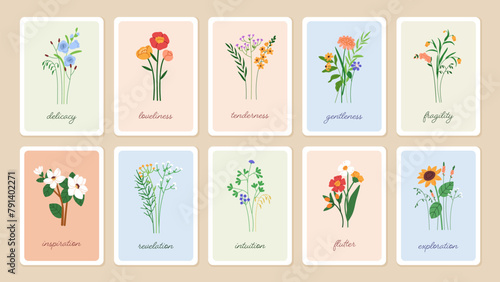 Floral card backgrounds set. Delicate spring flowers. summer wildflowers. Botanical framed poster design. Gentle blooms, blossomed flora, vertical postcards. Modern natural flat vector illustration