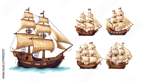 Pirate ships cartoon vector set. Sailing marine galleon caravel corvette combat medieval ocean transport sea hunters robbers bandits, highlighted illustrations on white background