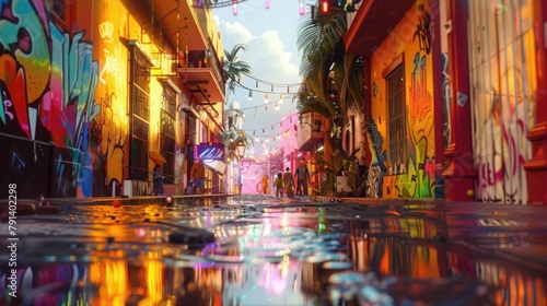 A vibrant street scene alive with the rhythmic beat of music and the joyful laughter of locals, its colorful facades adorned with intricate murals and graffiti art,