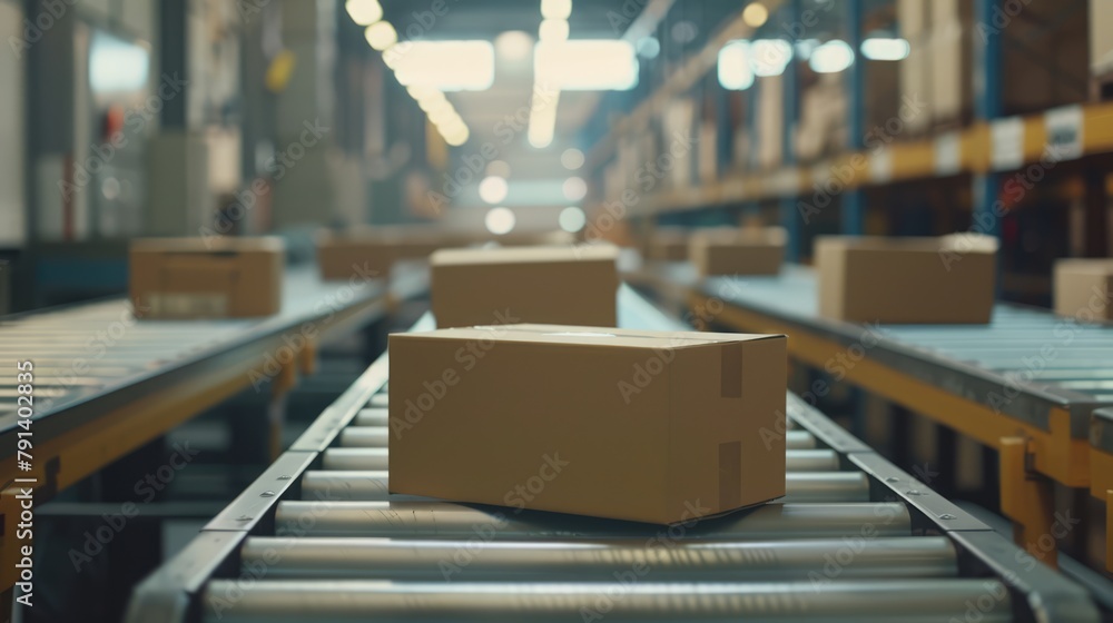 Cardboard box packages warehouse fulfillment, distribution conveyor system products stored, start-up, small business owner, product for delivery to customer, online selling, Boxes on conveyer belt 
