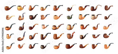 Smoking pipes cartoon vector set. Tobacco round conical cylindrical diplomat zulu horn brandy dublin bulldog canadian models, aristocratic smokers accessories highlighted illustrations on white
