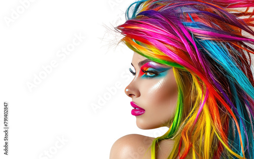 Colorful Charm, Portrait of a Woman with Multicolored Hair, Creative Makeup, and a Bright Smile on White