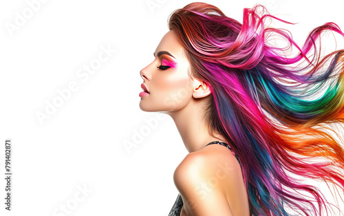 Chromatic Elegance, Woman with Rainbow Hair, Artistic Makeup, and Radiant Smile on a White Background