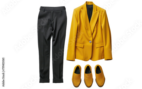 Autumn Elegance, Women's Suit Jacket, Pants, and Leather Shoes Against White