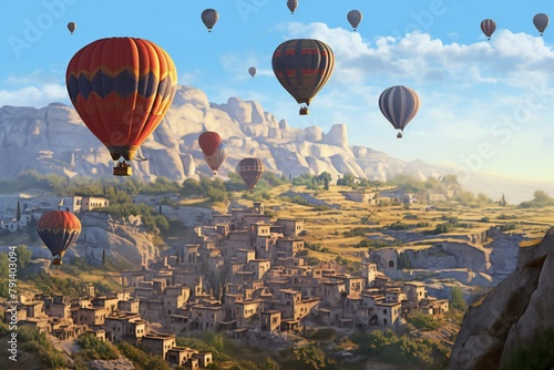 Hot air balloons flying over ancient city, Rendering