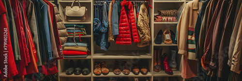 close-up of the ideal female professional and causal dream closet, with clothing, shoes and accessories, that tells a story