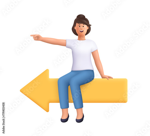 Young smiling woman sit on the big arrow signboard and shows direction. Business decision, work direction and leadership concept. 3d vector people character illustration. Cartoon minimal style.
