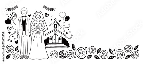 ウエディング　教会の前に並んだ新郎新婦のイラスト　線画