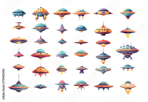 Ufo flying ships cartoon vector collection. Spaceships saucer starships spacecraft alien invaders galactic transport carriers, illustrations highlighted on white background