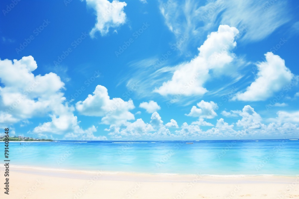 Tropical beach under blue sky with white clouds, summer vacation background