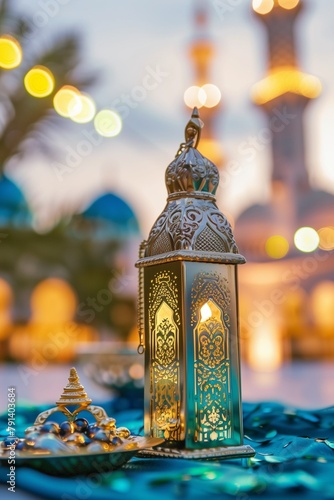 A traditional oriental lantern. A lamp with a candle. A religious holiday attribute among Muslims. Stained Glass Islamic Candle Holder