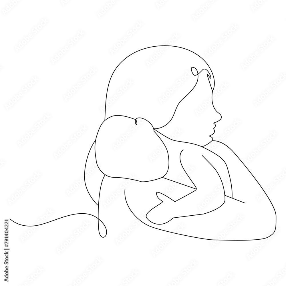 Continuous one line drawing of newborn baby sleeping on mother hands. Mother and baby line art style of vector illustration,