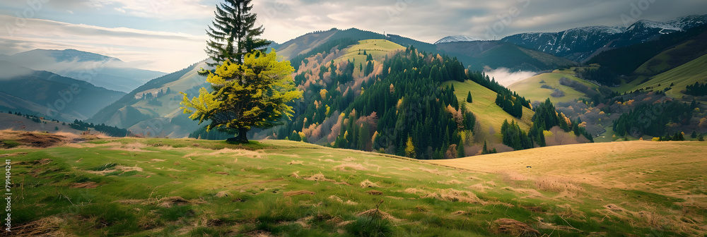 Fototapeta premium Dramatic spring scene of Carpathian mountains with fir tree om the valley. Picturesque morning view of mountain pasture in April, Ukraine, Europe. Beauty of nature concept background.