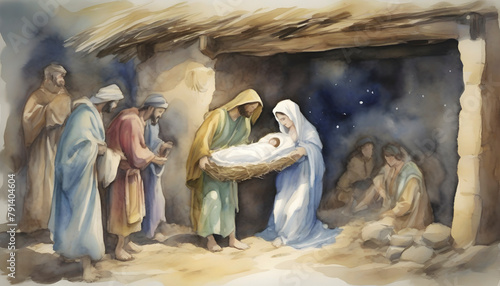 Watercolor painting of the Birth of Jesus Christ at Bethlehem. photo