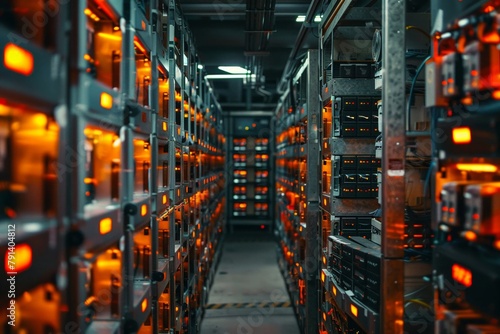 Rows of batteries storing excess energy for later use photo