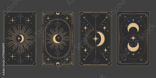 Tarot reverce border magic sacred cover card frame gold line border celelstial mystery esoteric decoration with stars and moon on dark background.