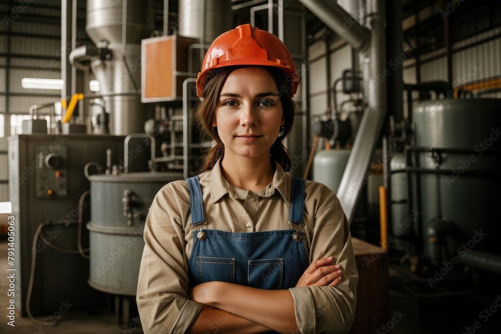 Portrait of young Caucasian in overalls and hard hat standing crossed hands. In background of boilers, pipes and factory equipment. Ai generative. Industry and factory service concept Portrait of young Caucasian in overalls and hard hat standing crossed hands. In background of boilers, pipes and factory equipment. Ai generative. Industry and factory service concept