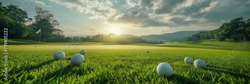 Tranquil sunset illuminates a pristine golf course lined with perfectly placed golf balls ready for play photo