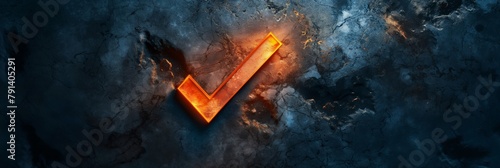 A bold orange checkmark glows vibrantly against a dark textured background, symbolizing approval or correctness photo