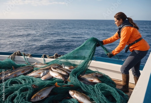 Adult woman fisherman-sailor holds nets with fish catch in her hands. Sea in background. Copy space. Equal commercial Fishing Industry. Ai generation