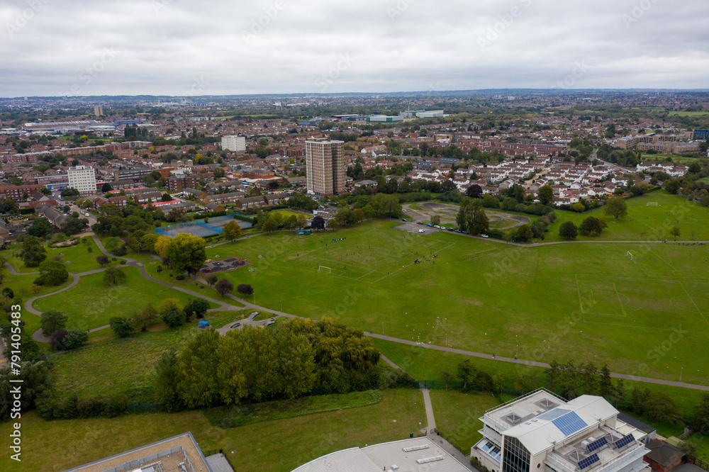 Aerial photo of the town of Dagenham, a district and suburban town in East London, England showing a typical British housing estates from above