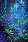 A vibrant ecosystem where organisms and digital entities coexist in symbiotic harmony. Bioluminescent flora intertwine with glowing data streams