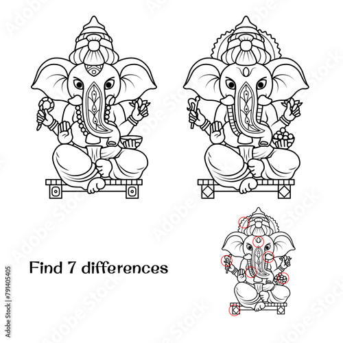 Lord Ganesha statue. Indian mythology. Find 7 differences. Tasks for children. Vector illustration