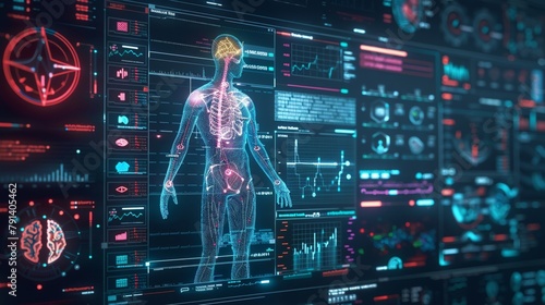 AI in healthcare analytics, data visualization on screens, bright, detailed infographics, cuttingedge