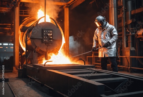 Steelmaker wearing protective clothe at ingot casting. Electric arc furnace shop. Metallurgy. steelmaker pours pig iron. Manufacturing steel works. Generative Ai photo