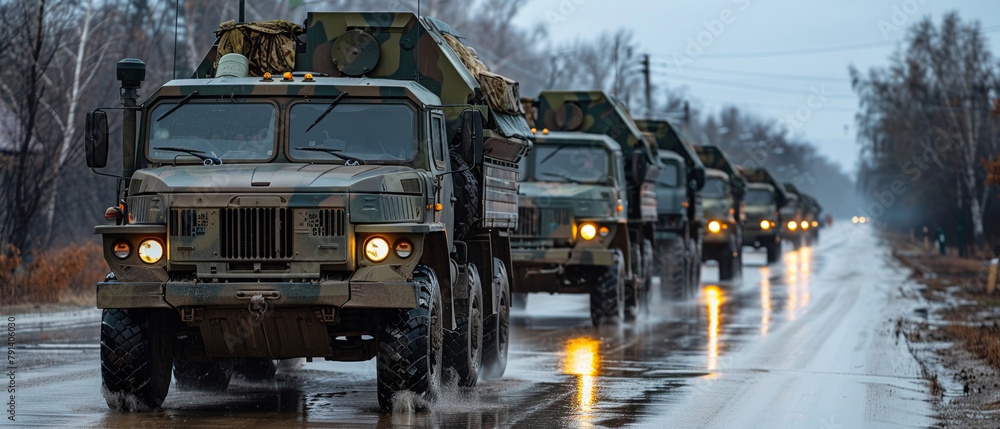A convoy of military vehicles transporting equipment A convoy of military vehicles transporting equipment