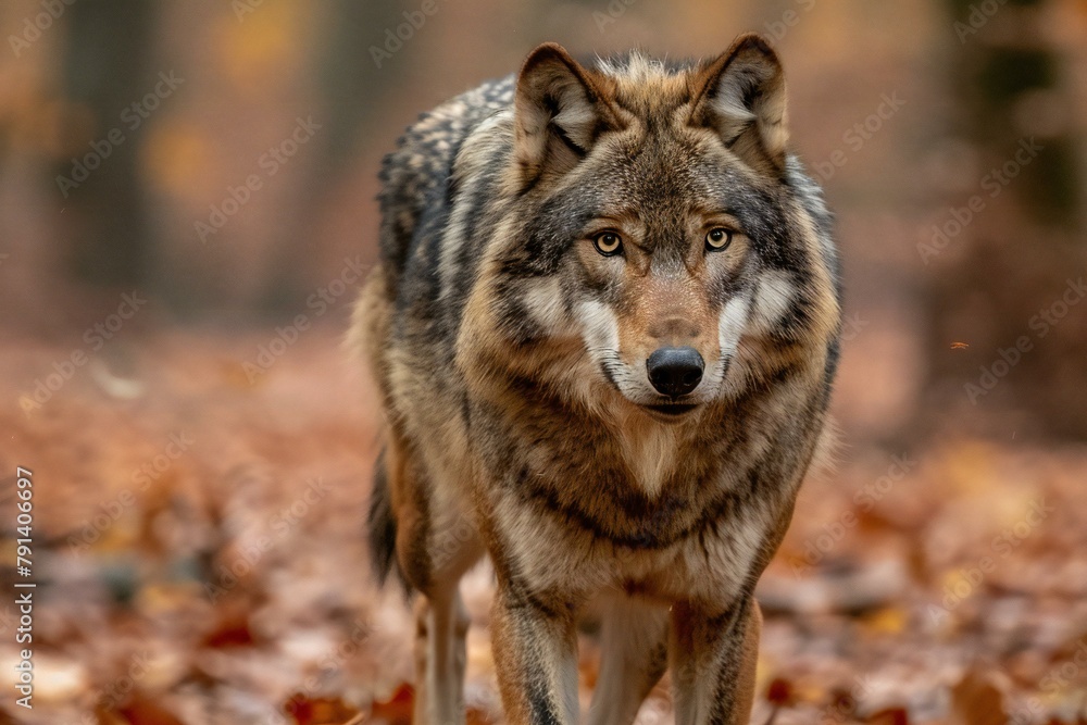 Grey wolf, Canis lupus, in the autumn forest
