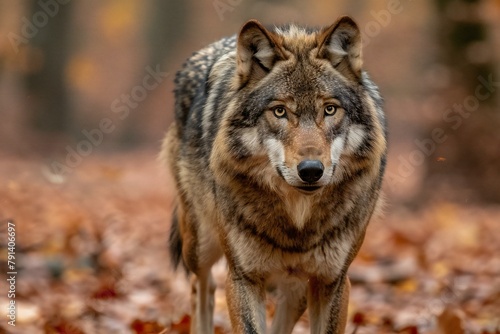 Grey wolf  Canis lupus  in the autumn forest