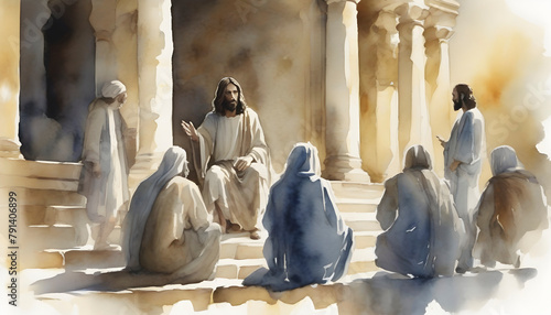 Watercolor painting of Jesus Christ visiting the Temple at Jerusalem.