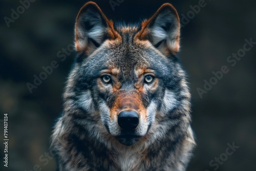 Portrait of a wolf on a dark background, Close-up