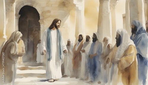 Watercolor painting of Jesus Christ visiting the Temple at Jerusalem.