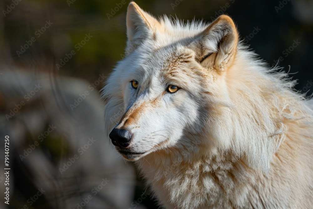 Portrait of a white wolf with brown eyes,  Portrait of a white wolf