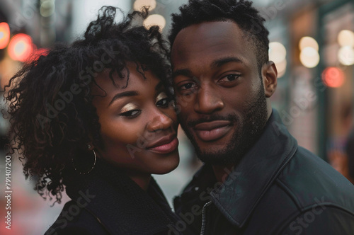 Black couple walking on the street in the evening, couple in love